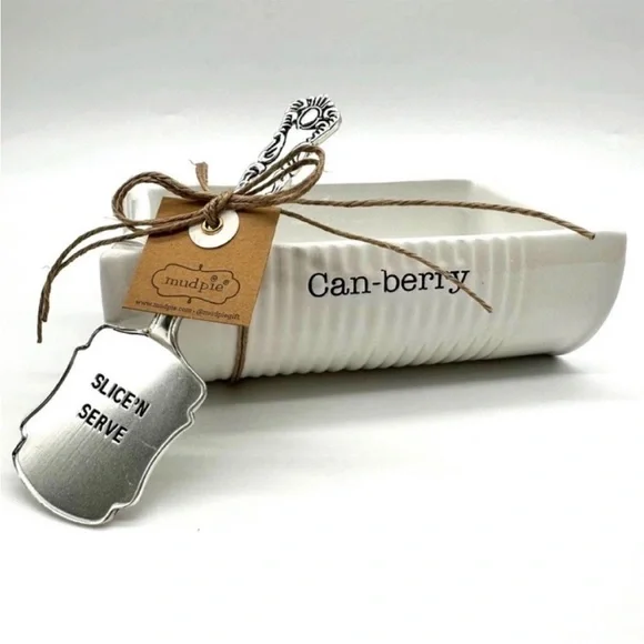 Mud Pie Can-Berry Dish 2 Piece Set Ceramic & Silver Cranberry Turkey Dressing - Picture 2 of 9